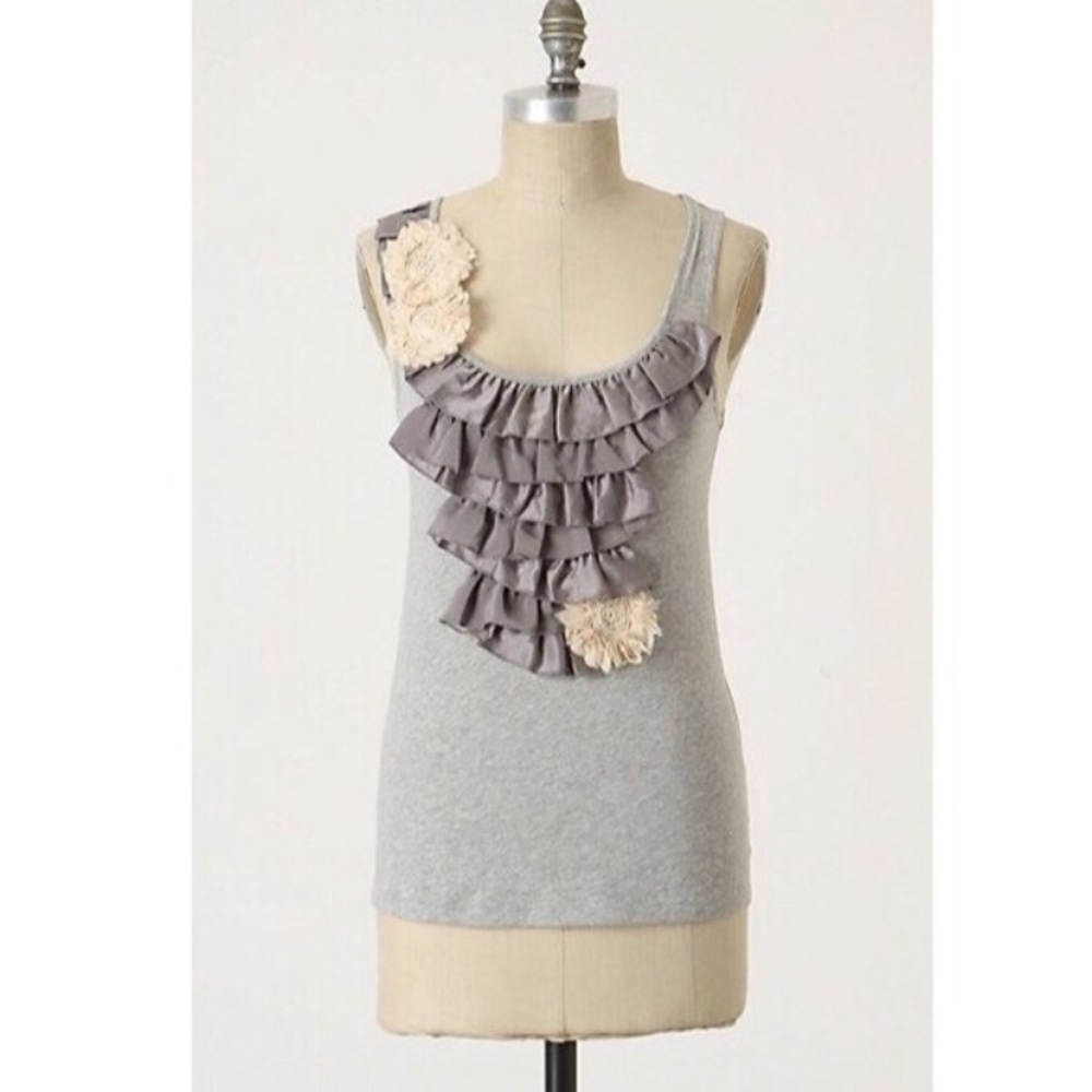 Anthro Deletta floral appliqué ruffle tank S